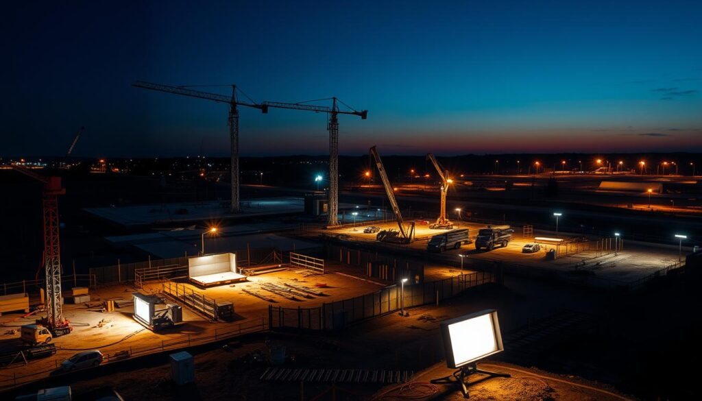 A construction site at dusk, with various lighting solutions illuminating the area. In the foreground, LED task lights and portable floodlights provide targeted illumination on the active work zones. In the middle ground, high-mast lights and temporary light towers cast a warm, even glow over the site, ensuring visibility and safety. In the background, the perimeter is lined with motion-activated security lights, casting long shadows and creating a sense of depth. The overall lighting scheme creates a balanced, efficient, and well-lit environment, optimizing productivity and minimizing accidents on the construction site.