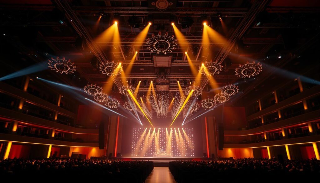 A grand event venue illuminated with strategic lighting, casting a warm, inviting glow. In the foreground, sleek spotlights highlight the stage, creating a captivating performance space. In the middle ground, sophisticated uplighting along the walls and columns casts a subtle, theatrical ambiance. The background is filled with a dazzling array of suspended light fixtures, casting a starry, otherworldly atmosphere. The overall lighting design exudes a sense of elegance, drama, and immersion, perfectly suited for a large-scale event or operation.