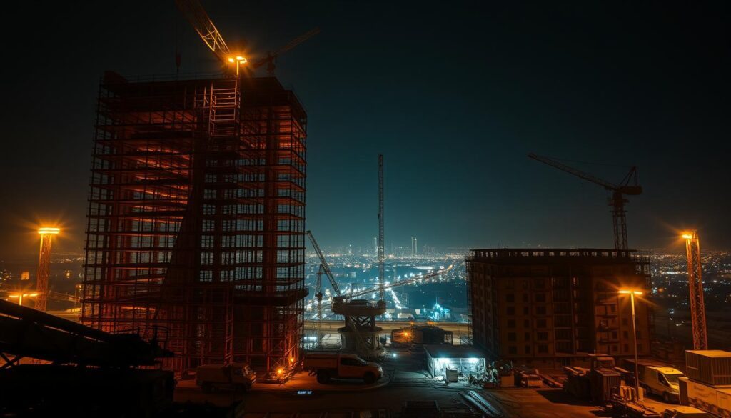 A massive construction site illuminated by continuous, powerful lighting that casts long shadows across the scene. In the foreground, heavy machinery and scaffolding stands silhouetted against a dark, night sky. The middle ground features the skeleton of a towering, partially completed structure, its intricate framework lit up with a warm, golden glow. In the background, the distant city skyline is visible, its lights twinkling like stars. The overall mood is one of industrious activity, with a sense of scale and grandeur amplified by the dramatic lighting. Captured with a wide-angle lens to emphasize the vast, expansive nature of the scene.