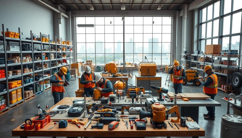 A modern warehouse interior with neatly organized construction equipment and tools. The foreground showcases a group of workers collaboratively sharing and operating various power tools, hand tools, and heavy machinery on a large workbench. The middle ground features rows of shelves stocked with spare parts, protective gear, and consumables. The background depicts the expansive, well-lit space with high ceilings, minimalist industrial decor, and large windows overlooking an urban cityscape. The overall atmosphere conveys efficiency, resourcefulness, and a sense of shared responsibility in maximizing the utilization of essential equipment for an extended construction project.