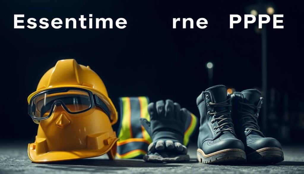 A night scene of essential personal protective equipment (PPE) for nighttime operations. In the foreground, a hard hat, safety goggles, and a reflective vest stand out against a dark background. In the middle ground, a pair of heavy-duty work gloves and steel-toed boots are arranged neatly. The background is dimly lit, evoking the atmosphere of a nighttime worksite. The lighting is soft and diffused, casting subtle shadows and highlights on the equipment, conveying a sense of safety and preparedness. The composition is balanced and the focus is sharp, drawing the viewer's attention to the essential PPE required for secure nighttime operations.