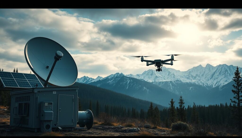 A remote off-grid communication hub set against a rugged wilderness backdrop. In the foreground, a sturdy satellite dish, solar panels, and a weatherproof equipment enclosure. The middle ground features a drone or UAV equipped with high-gain antennas, hovering above a dense forest canopy. In the distance, snow-capped mountain peaks reach towards a dramatically lit sky, hinting at the isolation and environmental challenges of the environment. The scene conveys a sense of resilience, self-sufficiency, and the innovative technologies required to enable reliable connectivity in the most remote locations.