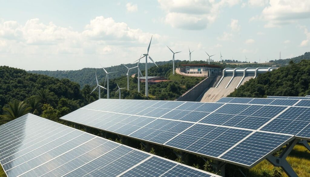 A sleek, modern power generation station situated in a lush, verdant landscape. In the foreground, a towering array of solar panels capture the sun's energy, their surfaces gleaming under crisp, directional lighting. In the middle ground, a series of wind turbines stand tall, their blades slowly rotating to harness the gentle breeze. In the background, a state-of-the-art hydroelectric dam stands as a testament to autonomous, sustainable energy production. The scene conveys a sense of harmony between technology and nature, showcasing the potential of autonomous systems to provide power in off-grid environments.