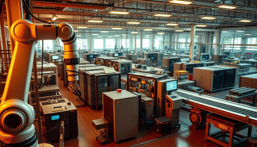 A state-of-the-art industrial facility, bathed in warm, diffused lighting that highlights the sleek, efficient machinery. In the foreground, a high-precision robotic arm effortlessly maneuvers, conveying a sense of precision and automation. The middle ground showcases an array of computer-controlled, energy-efficient production equipment, their streamlined designs and LED-illuminated displays embodying the concept of cost-effective operation. In the background, a panoramic view of the factory floor reveals a well-organized layout, with strategically placed conveyor belts and material handling systems that optimize workflow and minimize waste. The overall atmosphere conveys a harmonious blend of technological sophistication and operational efficiency.