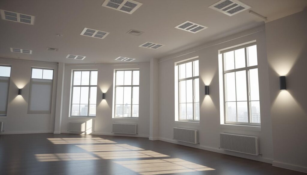 A well-lit architectural interior with a focus on illumination simulation. A spacious room with large windows, allowing natural light to flood the space. Strategically placed lighting fixtures, including recessed ceiling lights, wall sconces, and task lighting, create a balanced and harmonious lighting scheme. The scene showcases a minimalist, modern design aesthetic with clean lines and neutral tones. Precise lighting angles and intensity levels are visible, indicating a thorough lighting simulation process. The overall atmosphere is calming, professional, and conducive to effective workspace planning.