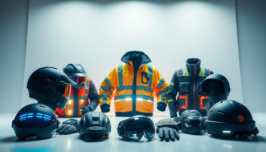 Technologically-advanced personal protective equipment (EPIs) arranged in a clean, well-lit studio setting. In the foreground, sleek, modern helmets, gloves, and safety goggles featuring integrated sensors and connectivity. In the middle ground, a selection of high-visibility jackets and vests with embedded LED lighting and impact-absorbing materials. In the background, a minimalist backdrop showcasing the advanced engineering and design of these EPIs, conveying a sense of innovation, safety, and technological sophistication. Captured with a wide-angle lens to emphasize the comprehensive nature of this technologically-enhanced protective gear.